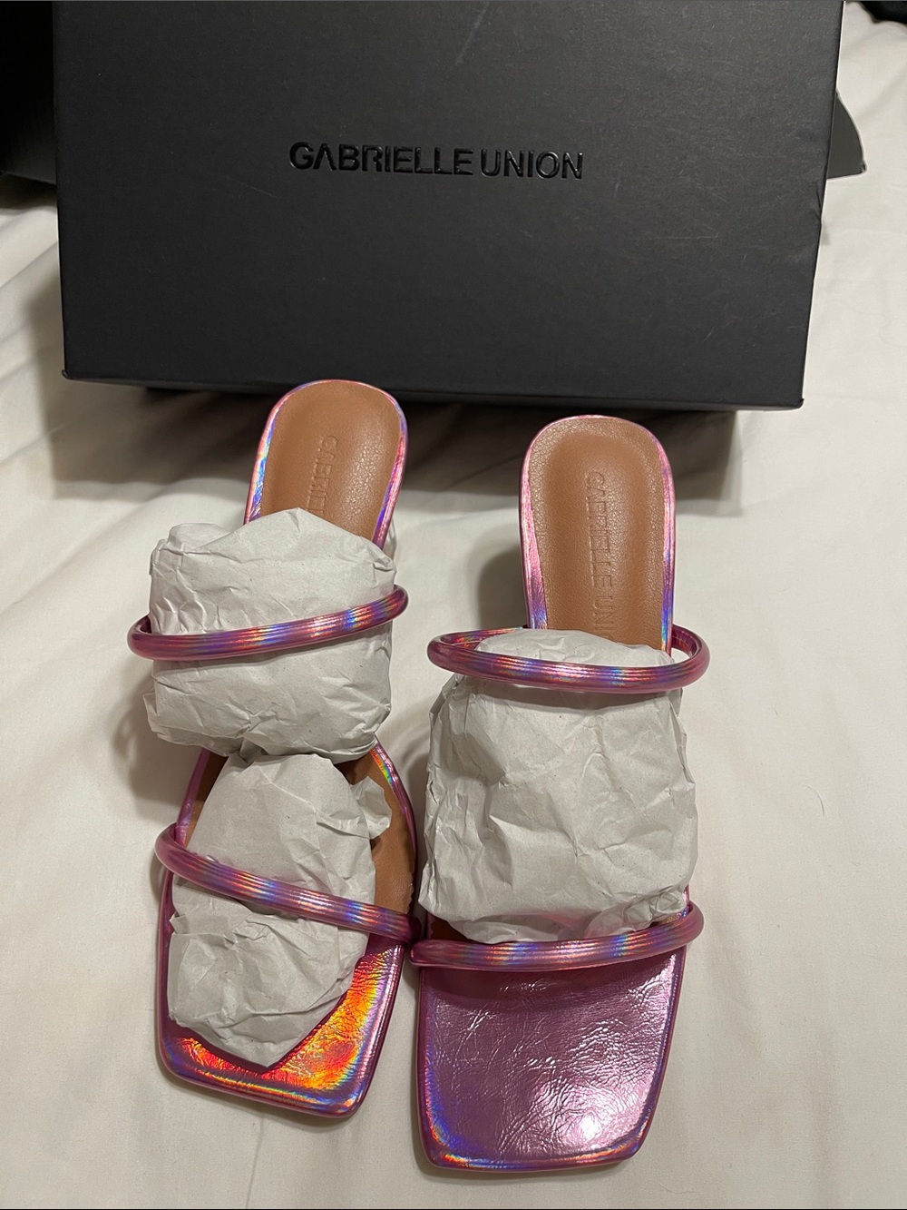 Gabrielle Union Iridescent Pink Open-Back Slide Mules